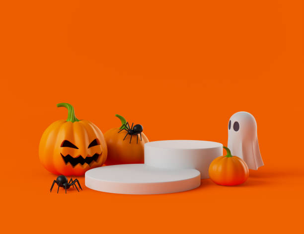 istock Simple halloween empty podium, empty showcase with pumkin jack, spiders and ghost 3d render illustration 1422300092