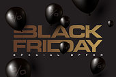 Black friday sale banner layout design template. black balloons.