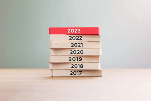 Photo of Years Starting From 2017 to 2023 Written Wood Blocks Sitting on Wood Surface in Front a Defocused Background