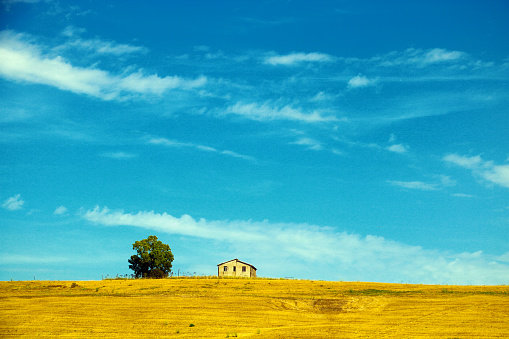 Viterbo Province, Lazio, Italy - September 6, 2022: The photo was taken in the countryside of Tuscia, near Viterbo, and shows a farm on a brownish meadow under a beautiful blue sky.