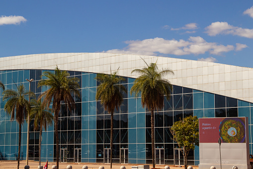 Brasília, Federal District, Brazil – July 23, 2022: Ulysses Guimarães Convention Center on a clear day with blue sky. Project by Sérgio Bernardes.