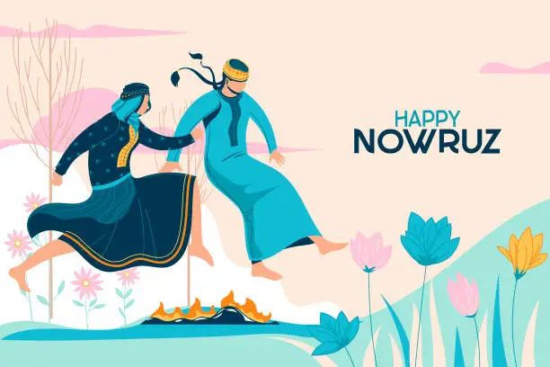 Vector illustration of Two girl jumping over fire, and other ways to celebrate nowruz mean persian new year