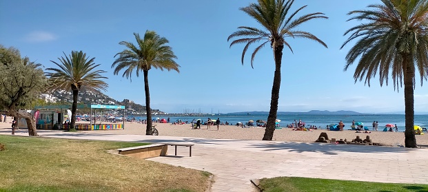 Views of the beach in the center of Rosas, Costa Brava. From the promenade, views of palm trees.