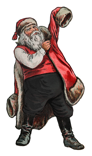 Vintage 19th century illustration of Santa Claus putting on his coat on Christmas Eve.