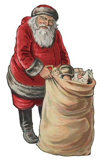 Vintage 19th century illustration of Santa Claus with his sack of toys at Christmas.