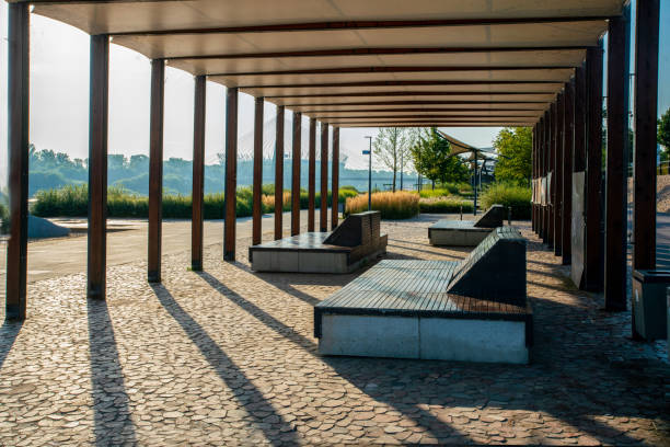 Amazing garden next to the Vistula River and a pavilion with sun loungers on a sunny summer day in the capital of Poland, Warsaw