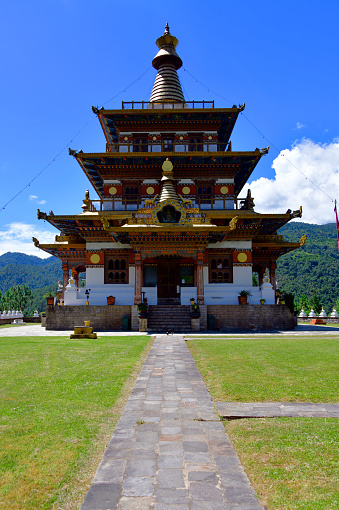 Nyizergang, Punakha district, Bhutan: Khamsum Yulley Namgyal Chorten, pagoda like stupa - Buddhist temple built by HM The Queen Mother, Ashi Tshering Yangdon Wangchuck, dedicated to peace in the world and in Bhutan. The 3-tiered chorten stands 30-meters (100-feet) tall.