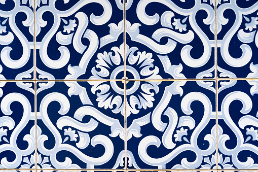 Close-up of Traditional portuguese and spanish classic tile blue Azulejo background