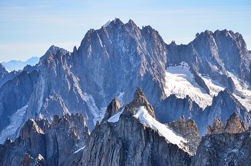 Mountain peaks on the mont blanc massif. Beautiful mountains in the French Alps in Chamonix. Big rocky spikes. mountaineering. High quality photo