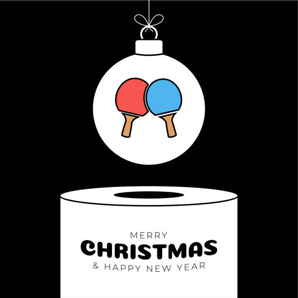 ping pong Christmas bauble pedestal. Merry Christmas sport greeting card. Hang on a thread ping pong ball as a xmas ball on white podium on black background. Sport Trendy Vector illustration. ping pong Christmas bauble pedestal. Merry Christmas sport greeting card. Hang on a thread ping pong ball as a xmas ball on white podium on black background. Sport Trendy Vector illustration.. table tennis funny stock illustrations
