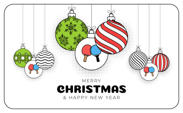 ping pong christmas greeting card in trendy line style. Merry Christmas and Happy New Year outline cartoon Sports banner. ping pong ball as a xmas ball on white background. Vector illustration. ping pong christmas greeting card in trendy line style. Merry Christmas and Happy New Year outline cartoon Sports banner. ping pong ball as a xmas ball on white background. Vector illustration.. table tennis funny stock illustrations