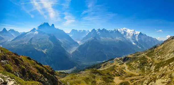 View of the Mont Blanc massif. Beautiful mountains in the French Alps above Chamonix. Glacier holidays, wanderlust. High quality photo