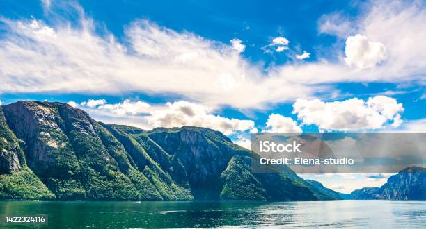 Travel Concept Amazing Nature View With Beautiful Clouds Above The Fjord Location Lysefjorden Norway Europe Artistic Picture Beauty World Panorama Stock Photo - Download Image Now