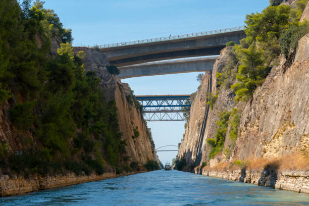 greece's corinth canal crossing and bridges. - gulf of corinth imagens e fotografias de stock