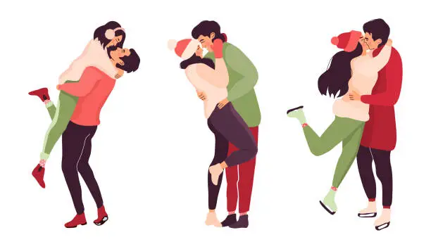 Vector illustration of Set of Xmas couples kissing and hugging in winter outfits.