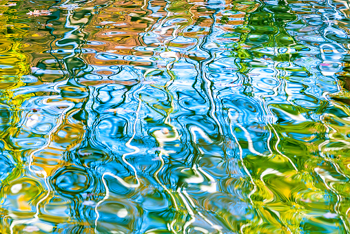Abstract multicolored reflection of water. Reflection with blue, yellow, orange and green colors