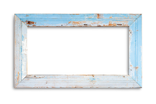 Wooden grunge frame, painted blue and white isolated on white background with clipping path included.