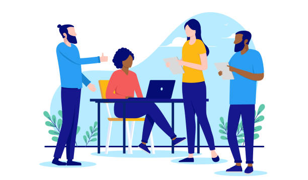 Diverse team of people working in office Group of characters with different ethnicities working together at workplace. Flat design vector illustration with white background four people office stock illustrations