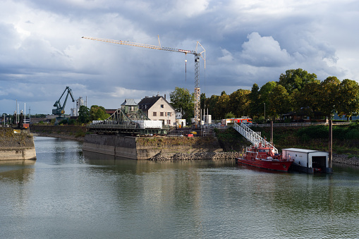 A boat of the fire department in the port of Deutz in Cologne