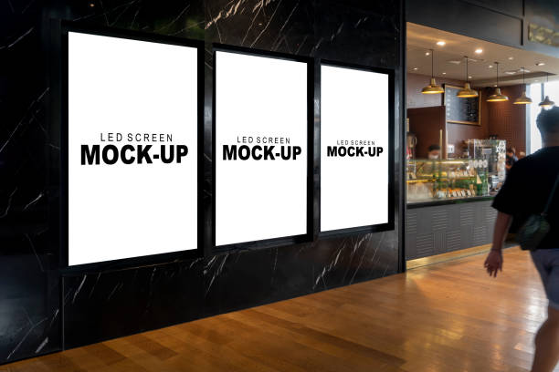 mockup three advertising  led screen install on marble wall - indoors luxury restaurant store imagens e fotografias de stock