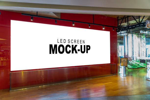 Mockup advertising  horizontal LED Screen Install at front of shop Mockup horizontal advertising LED Screen Install at entrance glass door with clipping path, empty space for insert your text, announcement, multi-media content and advertisement in shopping mall large screen stock pictures, royalty-free photos & images