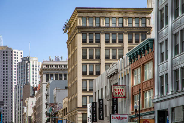 San Francisco, USA - June 6, 2022: view to historic high rise buildings downtown San Francisco.