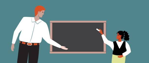 istock Teacher and African girl student at blackboard in class, flat vector stock illustration or copy space backdrop as template for overlay 1422347898