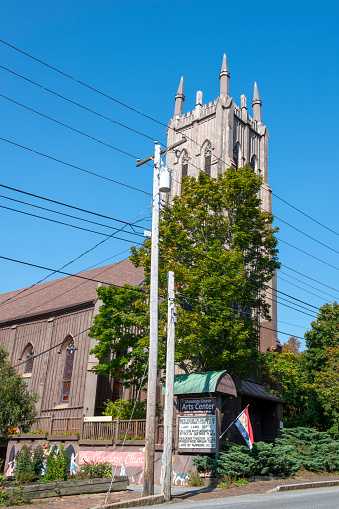 Bath, USA - October 8, 2021. Street view of historic Chocolate Church in Bath, Maine, USA