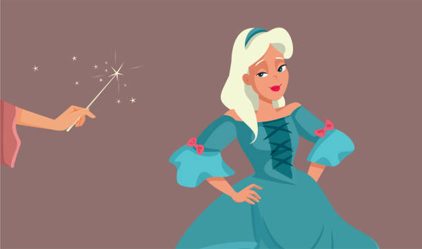 Fairy Godmother Casting a Spell on Princess Vector Illustration Happy girl receiving a gift from a good witch granting her wish pics of the godmother stock illustrations