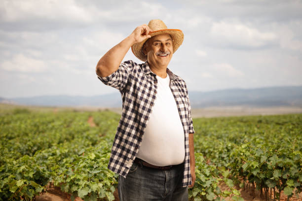 Mature farmer standing on a grapevine nursery and greeting with his hat
