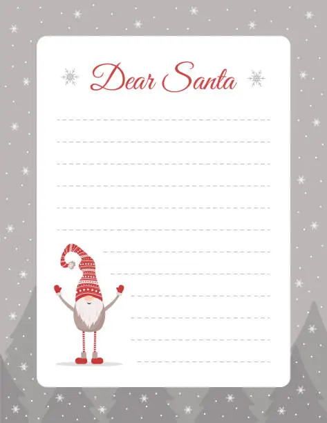 Vector illustration of Template for letter to Santa Claus. Christmas layout with cute gnome for wish lists, greeting cards and invitations. Ornate postcard for winter holidays. Vector illustration in flat cartoon style