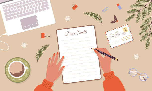 ilustrações de stock, clip art, desenhos animados e ícones de woman write christmas letter to santa claus. winter holiday wish list. female hands with notebook sheet page. top view workplace. cozy vector illustration in flat cartoon style - christmas winter close up table