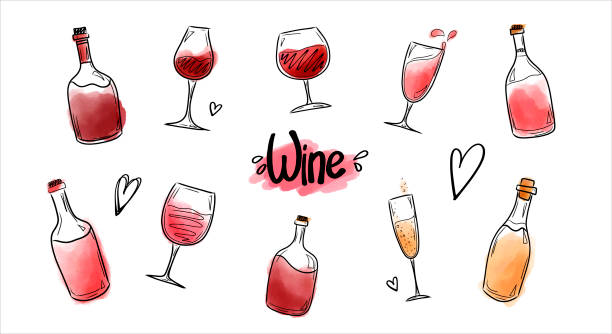 ilustrações, clipart, desenhos animados e ícones de um conjunto de ilustrações vetoriais com garrafas e taças de vinho tinto e branco, respingos de aquarela de vinho. - sketch symbol drawing illustration and painting