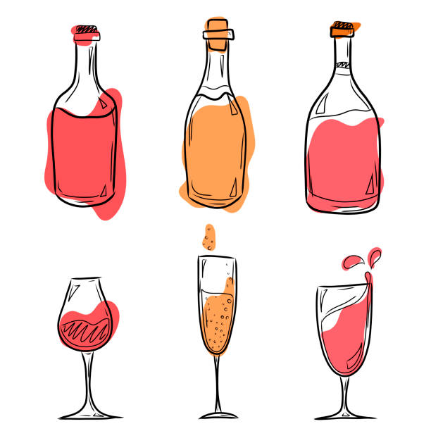 ilustrações, clipart, desenhos animados e ícones de um conjunto de ilustrações vetoriais com garrafas e taças de vinho tinto e branco, respingos de aquarela de vinho. - sketch symbol drawing illustration and painting