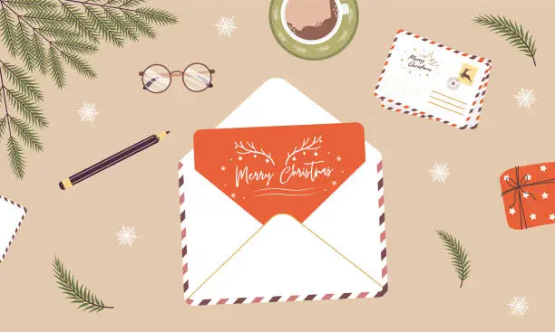 Vector illustration of Christmas envelope on desk. Handmade greeting card. Sending or receiving New Year postcard or invitation. Top view. Vector illustration in flat cartoon style. Winter holiday wishes