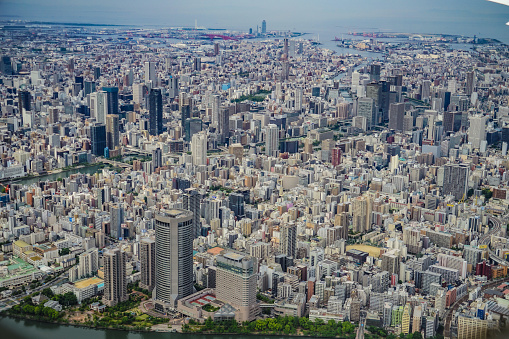 Osaka townscape seen from the sky. Shooting Location: Osaka Prefecture
