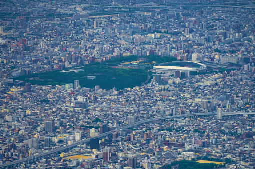 Osaka townscape seen from the sky. Shooting Location: Osaka Prefecture