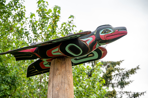 The 150 year old totem poles are located in Kispiax on the Yellowhead Highway in Northwest British Columbia