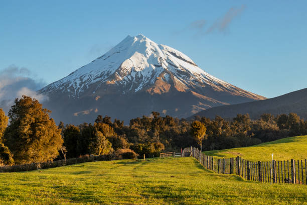 istock Cnow capped mount Taranaki lin evening sun, rural view 1422365924