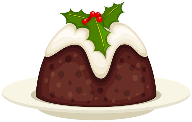 Figgy Pudding Vector illustration of holiday figgy pudding on a plate with a holly leaf garnish. Illustration uses transparencies. Includes AI10-compatible .eps format, along with a high-res .jpg. christmas pudding stock illustrations