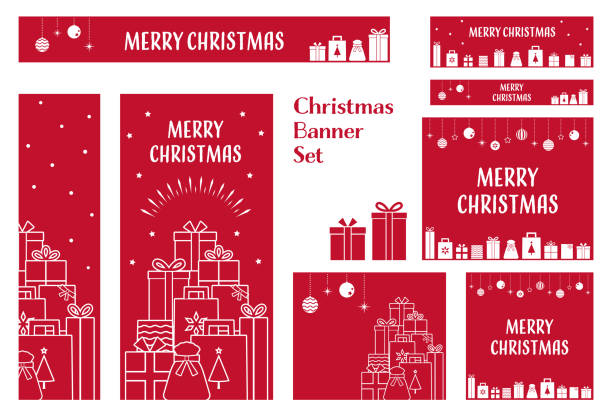 süßes banner set mit illustrationen von weihnachtsgeschenken - sale holiday christmas ornament red stock-grafiken, -clipart, -cartoons und -symbole