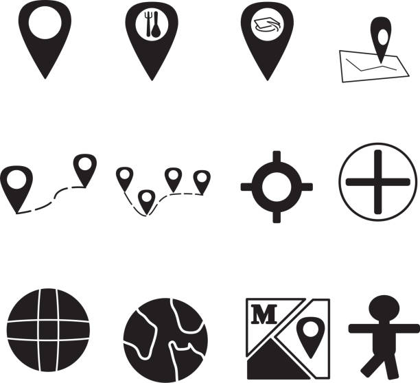 stockillustraties, clipart, cartoons en iconen met icon set pack vector hd 2d black and white map with various icon locations, restaurants, buildings and distances, wallpaper background illustrations like google map - google
