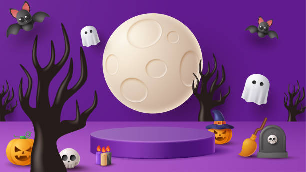 istock Halloween display podium decoration background with scary ornament. Vector 3D Illustration 1422374855