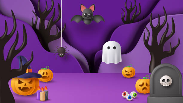 istock Halloween display podium decoration background with scary ornament. Vector 3D Illustration 1422375894