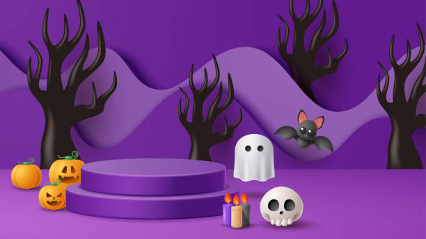 istock Halloween display podium decoration background with scary ornament. Vector 3D Illustration 1422376134
