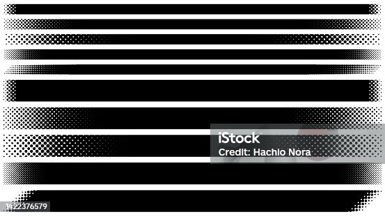 istock Black horizontal frame illustration set with halftone dot decorations on both ends 1422376579