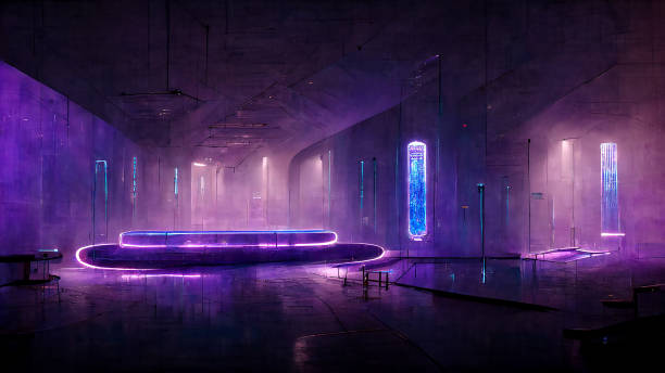 istock Futuristic Sci-Fi Modern Empty Stage Reflective Concrete Room With Purple And Blue Glowing Neon Tubes Shape Empty Space Wallpaper Background 1422382989