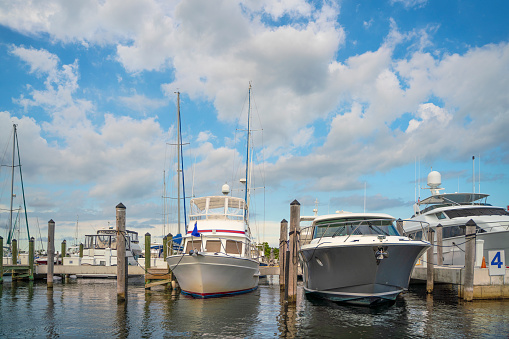 Piers and boats in harbor in San Diego, California.