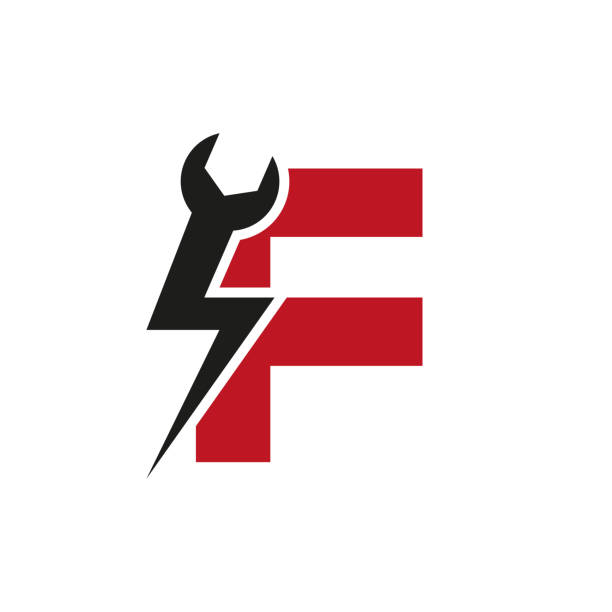 начальная буква f ремонт гаечный ключ и вольт мощность логотип дизайн для ремонта, электрический знак векторный шаблон - letter f flash stock illustrations