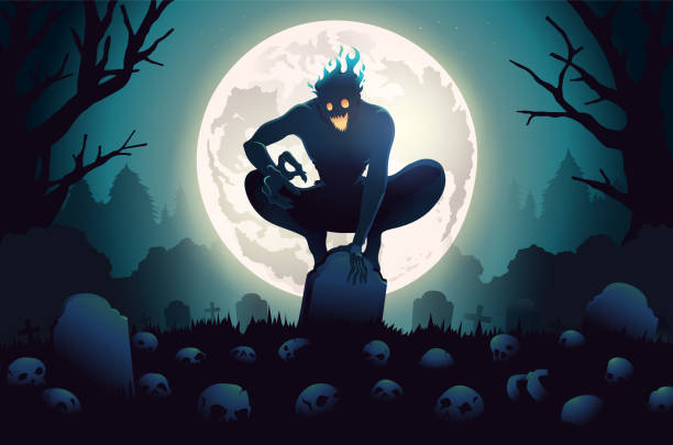 istock Blue Fire head spirit sitting on Gravestone in the graveyard with many skulls. Silhouette Full moon night full of skeletons and cadavers. 1422399725